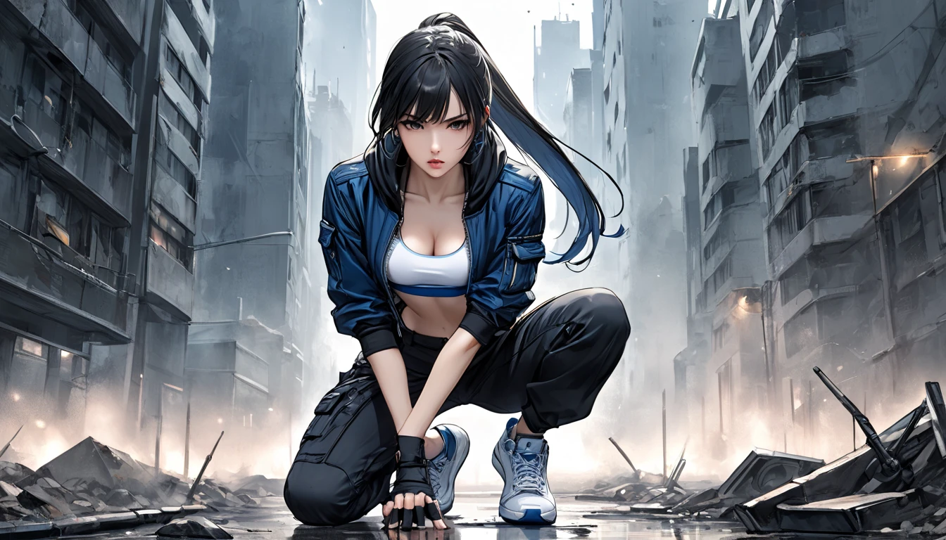 Neo-noir futuristic art style, semi-realistic anime-style of a confident and agile woman in an action pose. aged 19. She has an oval face with prominent yet soft cheekbones, reflecting both strength and a gentle demeanor. Her skin is fair with a warm undertone, typical of Batak features, giving her an exotic yet charismatic look. Her eyes are slightly larger, almond-shaped, with dark brown irises that radiate calmness and sharpness, as if she can quickly assess any situation. Her nose is straight with a rounded tip, embodying both bravery and approachability. Her lips are full and naturally colored. She has jet-black hair, short and layered around her face for a dynamic look, with a long ponytail flowing behind her cap. Her cap is a modern design, primarily white with blue accents, adding a casual edge to her appearance. She wears a cropped bomber jacket with a hoodie, primarily ((white)) with ((blue)) highlights along the sleeves and edges, layered over a minimalist white sports bra. Her baggy pants, made from lightweight yet durable material, are a pale blue with subtle white detailing, giving her a relaxed yet practical look. The outfit is completed with white high-top sneakers designed for mobility and comfort, perfect for quick movements in urban settings. Her hands are covered with fingerless gloves in matching white and blue tones, adding a functional yet stylish touch.
The pose is dynamic, with one hand bracing the ground for balance, her body crouched low and leaning forward, exuding readiness. Her left leg is bent forward while her right leg extends back for support and balance. Her right hand firmly clenched. The background shows a post-apocalyptic urban landscape with crumbling skyscrapers and a dark, moody sky with glowing streaks of light, emphasizing urgency and drama. Her expression is intense, focused, and ready for action.