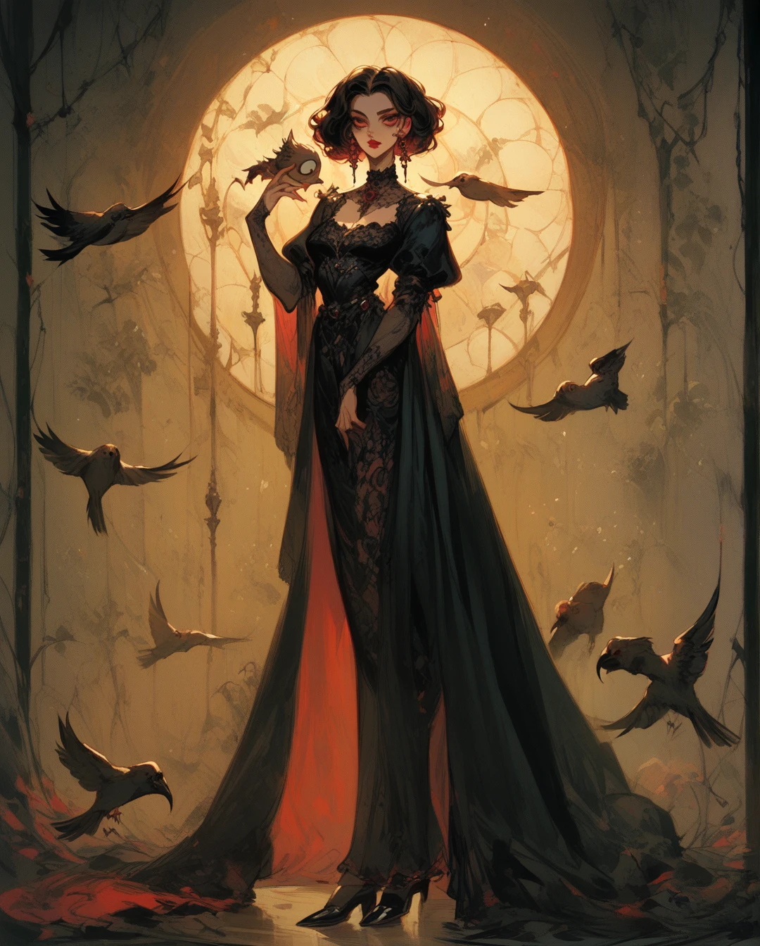  high-resolution anime-style of a melancholic woman (Detailed),  full body, thin face,He has a bird in his hands,  deep red lips , gothic fashion.  With dramatic lighting and dynamic composition . Light-dark .