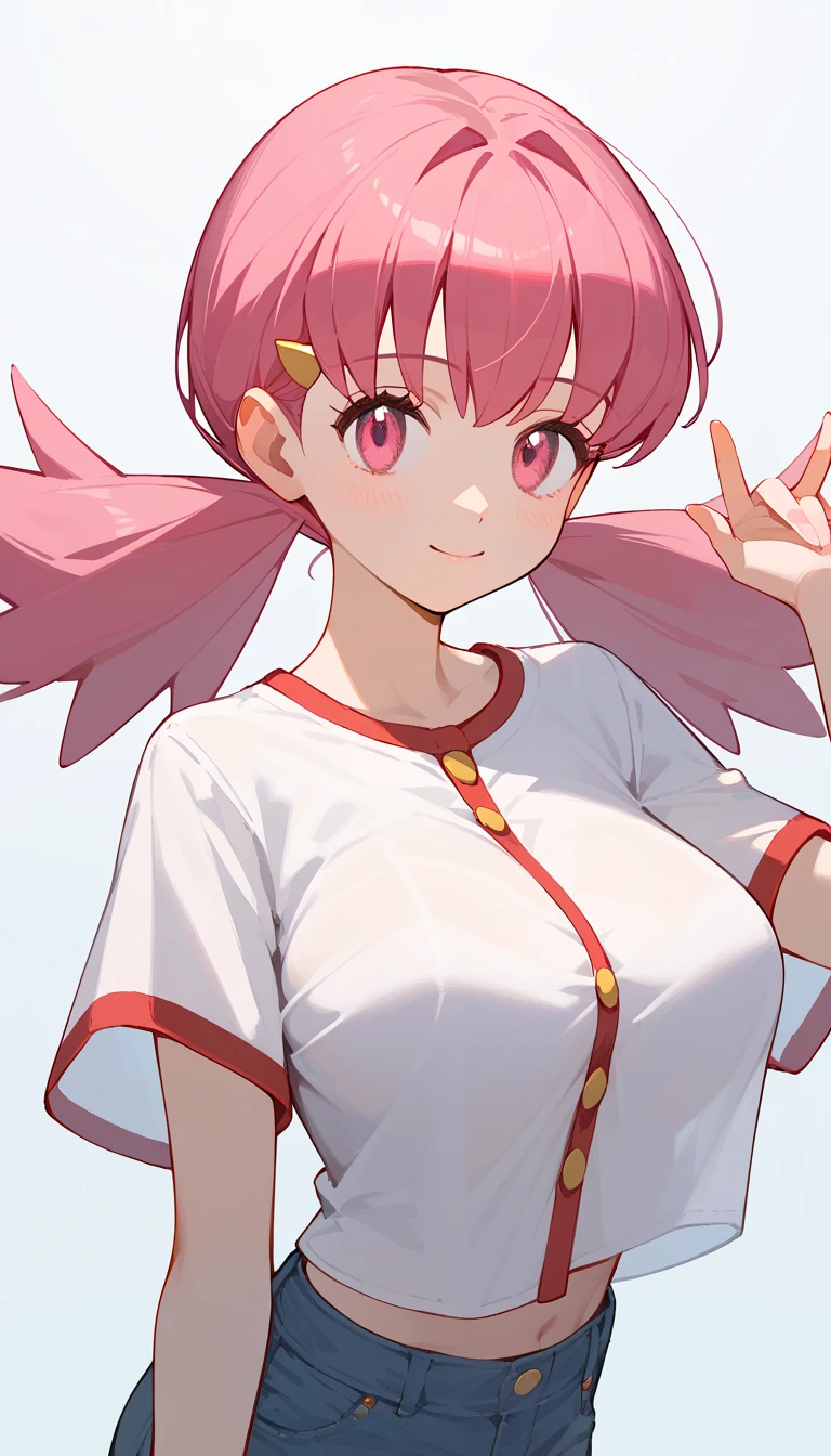 (8k,  top quality,   Masterpiece  :1.3), pose, 1 girl,  very beautiful face  , random expression ,ＪＫ_ style for stilets ,(Age 19),Big Breasts,zzWhitney, pink eyes, pink hair, pigtails, hair clip, white shirt, denim shorts,