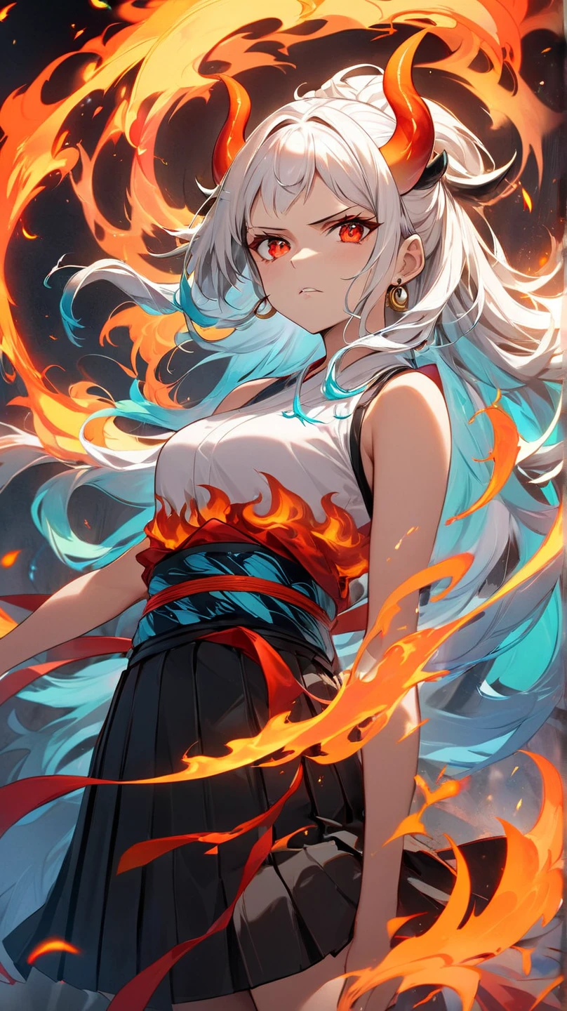 The image portrays an anime-style character with long white hair that transitions into vibrant multicolored hues. The character has fiery orange horns glowing with intense energy, further amplifying the dramatic effect. Her piercing red eyes convey a serious and powerful expression. She wears a sleeveless white top with black details and a red sash, paired with a pleated skirt. Surrounding her is an aura of flames and swirling colors, creating a dynamic and striking visual. The background is dark, which makes the vibrant energy and colors of the character stand out even more.