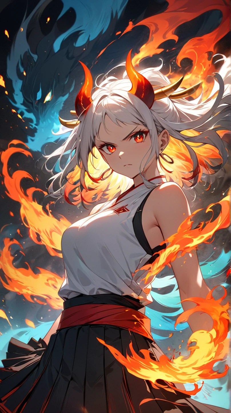 The image portrays an anime-style character with long white hair that transitions into vibrant multicolored hues. The character has fiery orange horns glowing with intense energy, further amplifying the dramatic effect. Her piercing red eyes convey a serious and powerful expression. She wears a sleeveless white top with black details and a red sash, paired with a pleated skirt. Surrounding her is an aura of flames and swirling colors, creating a dynamic and striking visual. The background is dark, which makes the vibrant energy and colors of the character stand out even more.