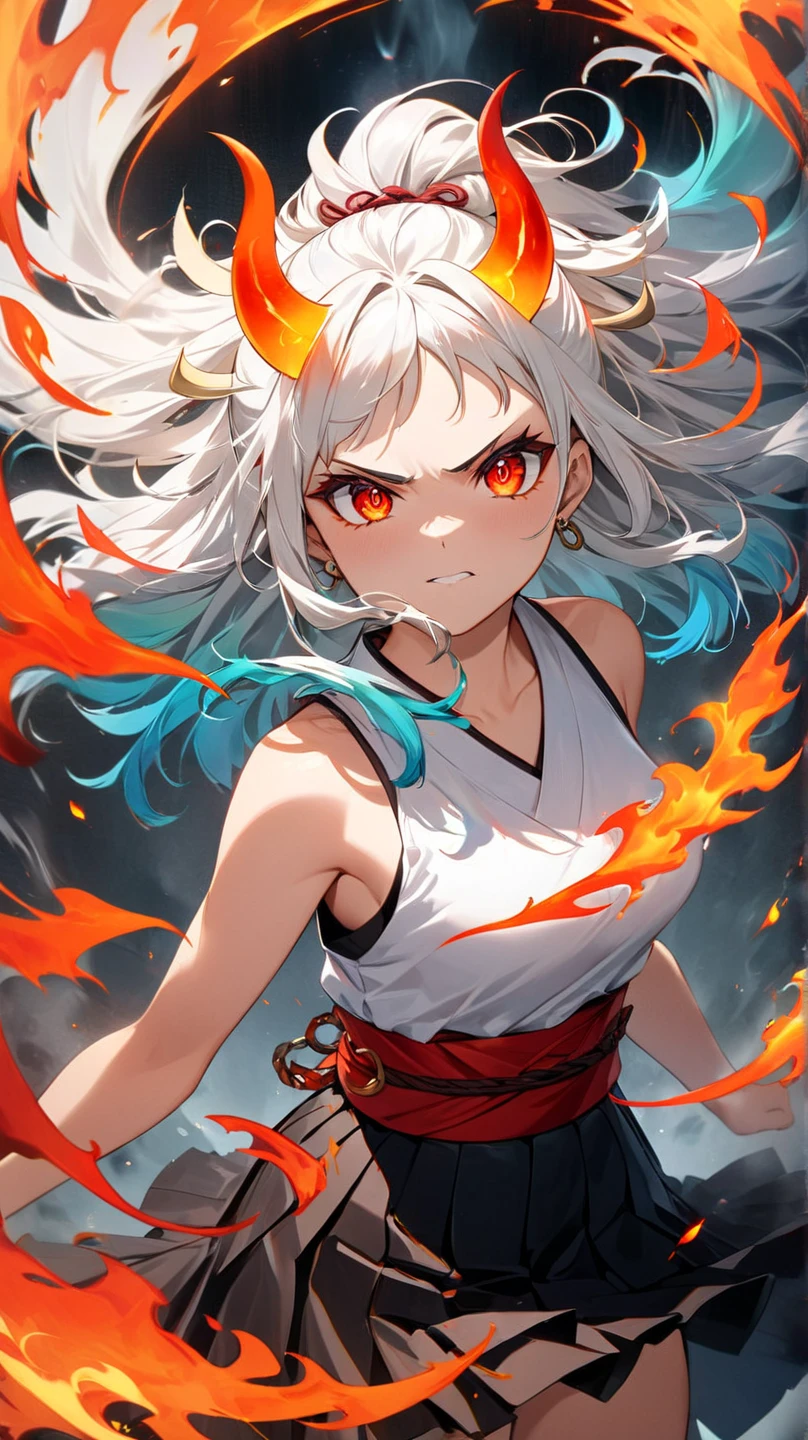 The image portrays an anime-style character with long white hair that transitions into vibrant multicolored hues. The character has fiery orange horns glowing with intense energy, further amplifying the dramatic effect. Her piercing red eyes convey a serious and powerful expression. She wears a sleeveless white top with black details and a red sash, paired with a pleated skirt. Surrounding her is an aura of flames and swirling colors, creating a dynamic and striking visual. The background is dark, which makes the vibrant energy and colors of the character stand out even more.