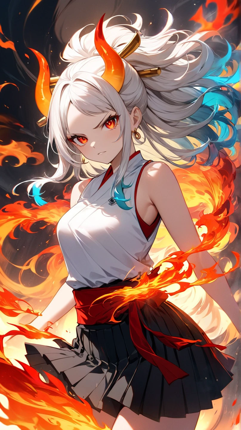 The image portrays an anime-style character with long white hair that transitions into vibrant multicolored hues. The character has fiery orange horns glowing with intense energy, further amplifying the dramatic effect. Her piercing red eyes convey a serious and powerful expression. She wears a sleeveless white top with black details and a red sash, paired with a pleated skirt. Surrounding her is an aura of flames and swirling colors, creating a dynamic and striking visual. The background is dark, which makes the vibrant energy and colors of the character stand out even more.