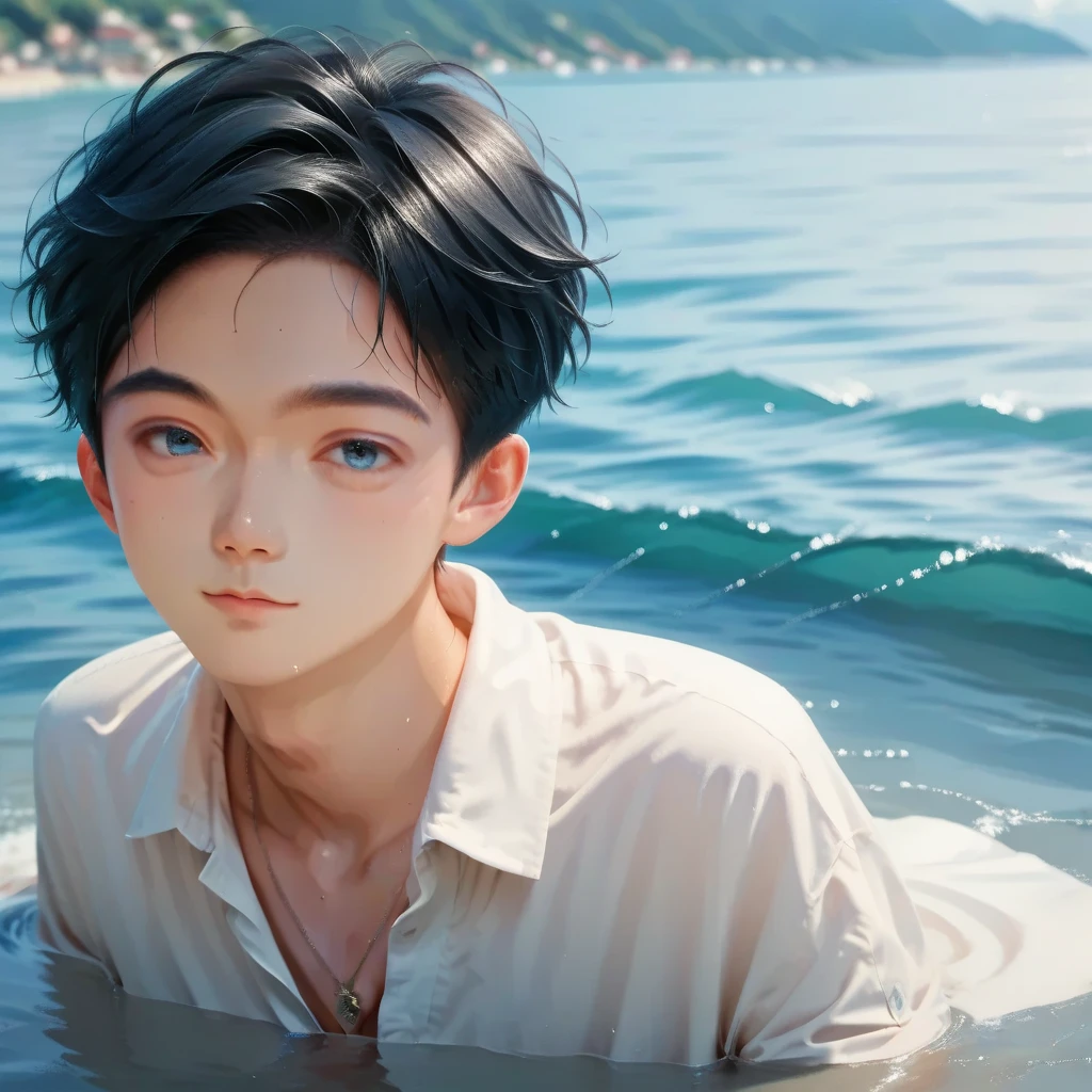 Masterpiece, best quality, 8K wallpaper, a handsome little boy by the sea, (multi-national mixed race 1.6), black hair, (big brown eyes), straight nose
