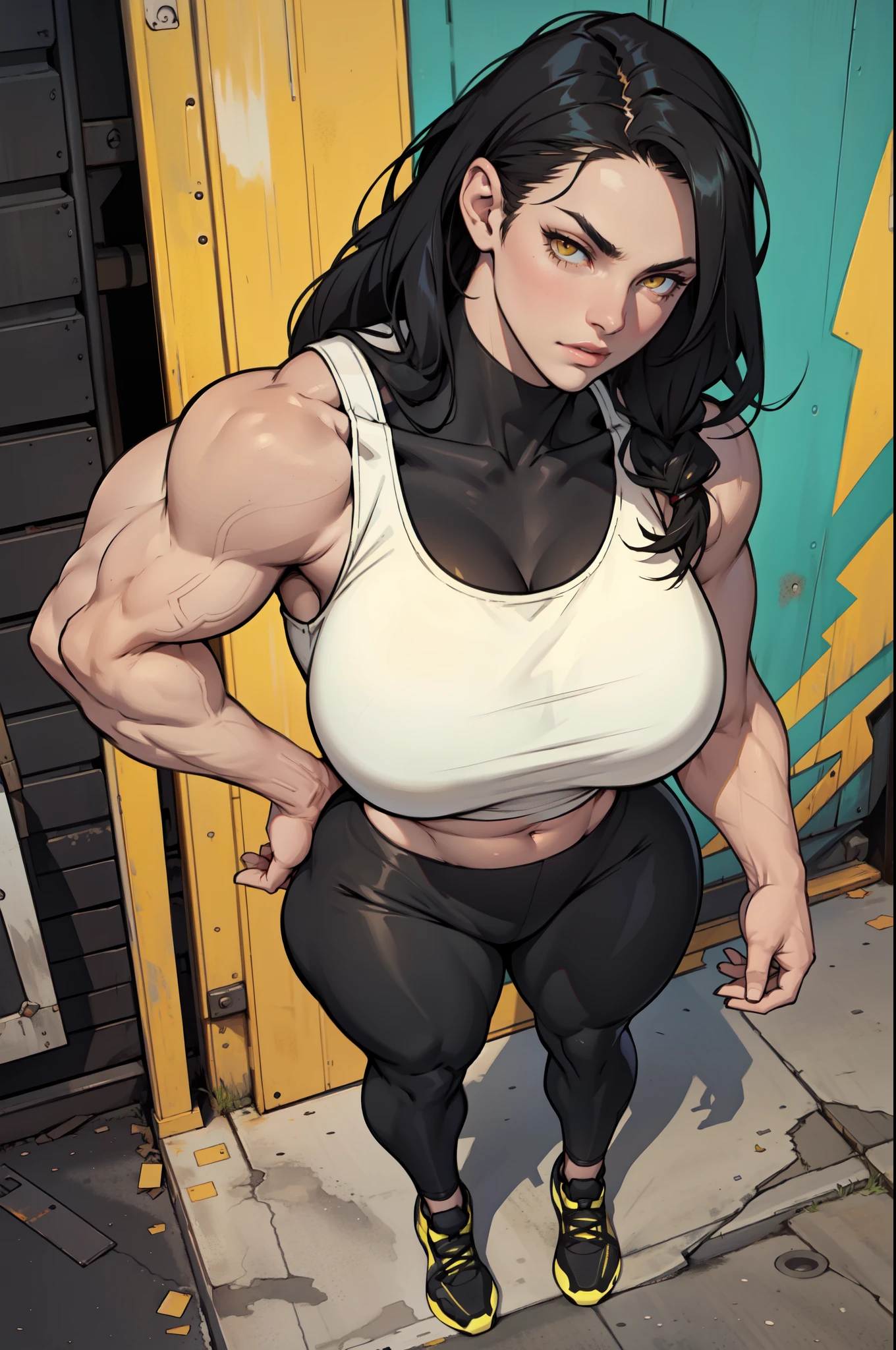 (((((((1 girl muscular))))))), black hair, yellow eyes, very long hair, tall, pale skin, (seductive expression), tank top, leggings armpits