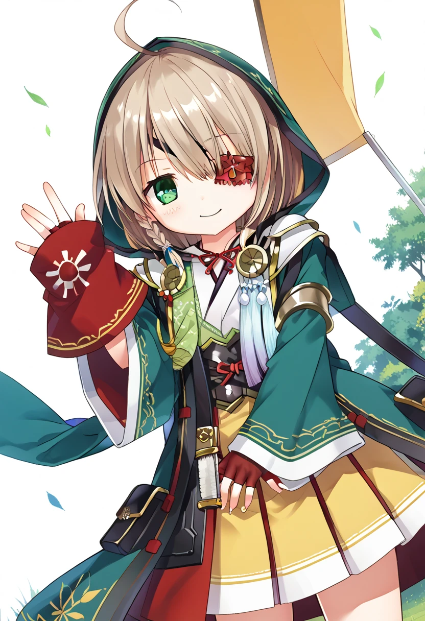 1Girl, score_9, score_8_up, score_7_up,yamamoto kansuke, , blush, classroom, big smile, yamamoto_kansuke(sengoku_otome), green eyes, ahoge, brown hair, braid, eyepatch,
hood, armor, green detached sleeves, fingerless gloves, skirt, yellow skirt, pleated skirt, 