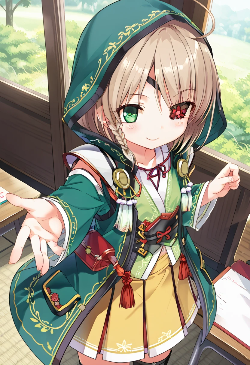 1Girl, score_9, score_8_up, score_7_up,yamamoto kansuke, , blush, classroom, big smile, yamamoto_kansuke(sengoku_otome), green eyes, ahoge, brown hair, braid, eyepatch,
hood, armor, green detached sleeves, fingerless gloves, skirt, yellow skirt, pleated skirt, 