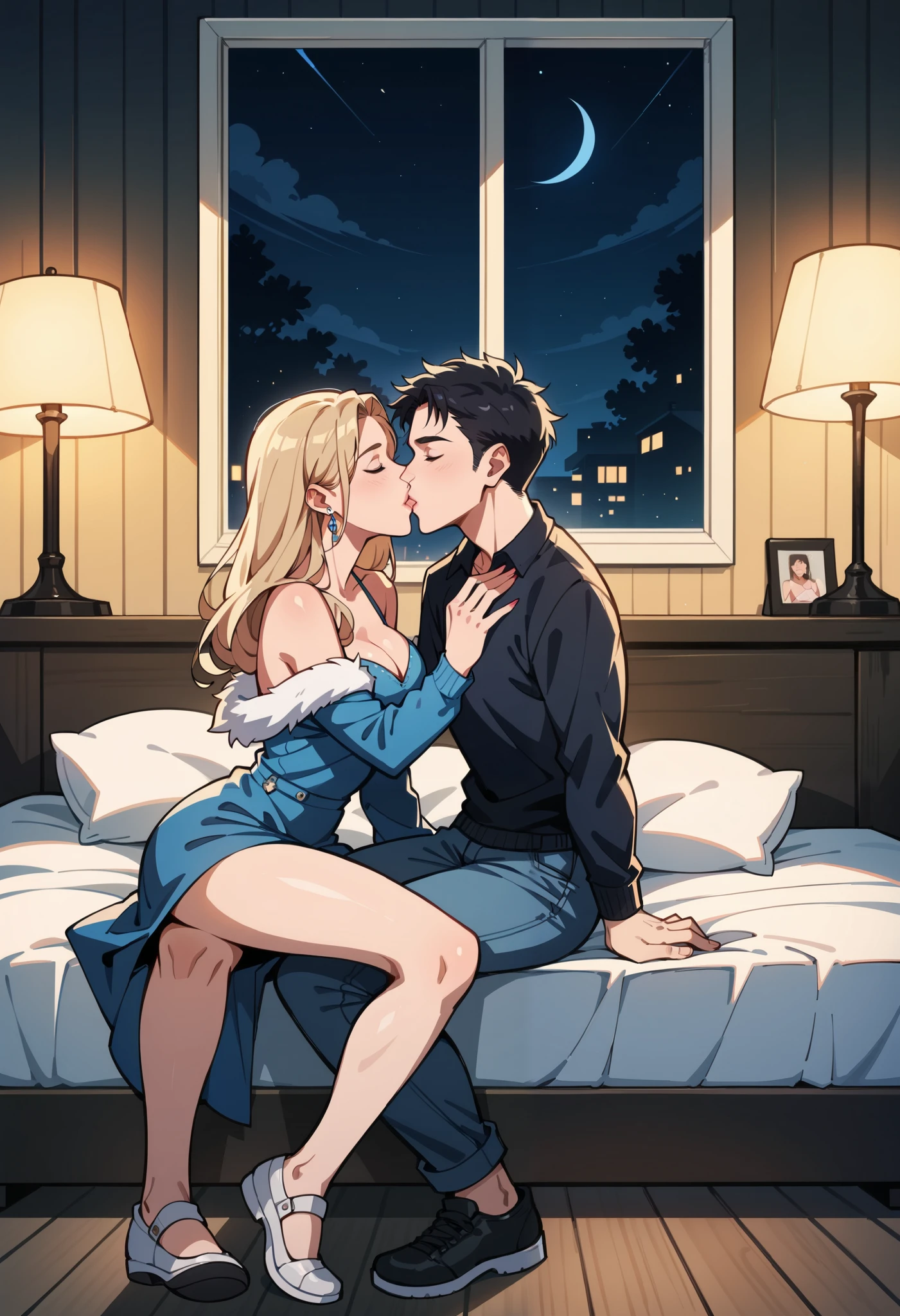 score_9, score_8_up, score_7_up, score_6_up, score_5_up, score_4_up, source_anime, 1 woman, long bed, blonde hair, kissing, long hair, close eyes, free arms, clean hair, black bikini, black boots, thigh high boots, heels, Release the knee, Show the heels, dungeon, night, best quality, best res, 4K UHD,
 1 man, red hair, shirt, trousers, kissing woman, socks, 