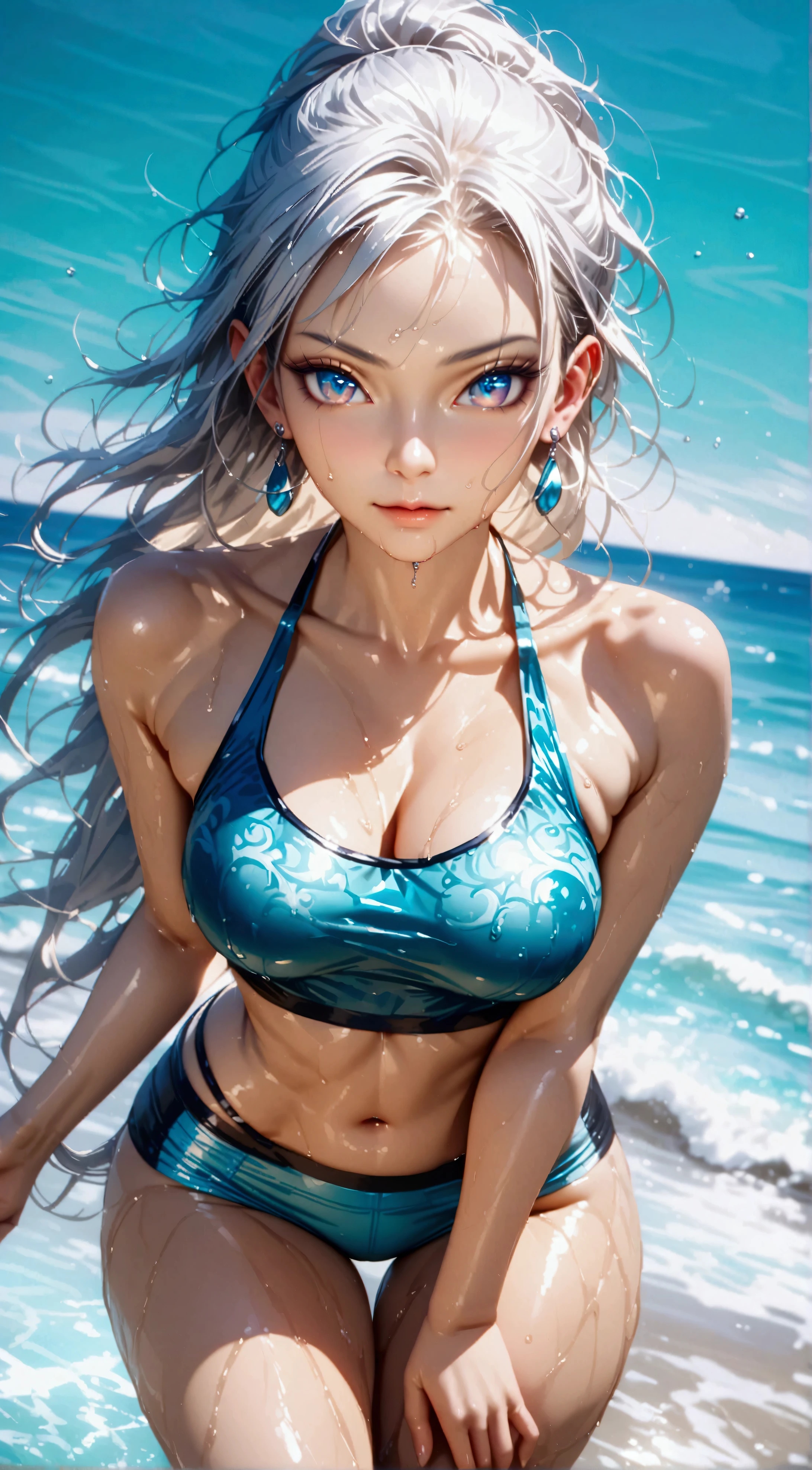 a beautiful girl with long white hair, piercing shiny blue eyes, wearing a simple white crop top and yoga shorts showing tall thighs and legs, a lustful expression on her face, wearing a blue  and earrings, her wet body and shiny eyes, photorealistic, highly detailed, 4k, hyperrealistic, dramatic lighting, cinematic, chiaroscuro lighting, oil painting style, vivid colors, elegant, alluring