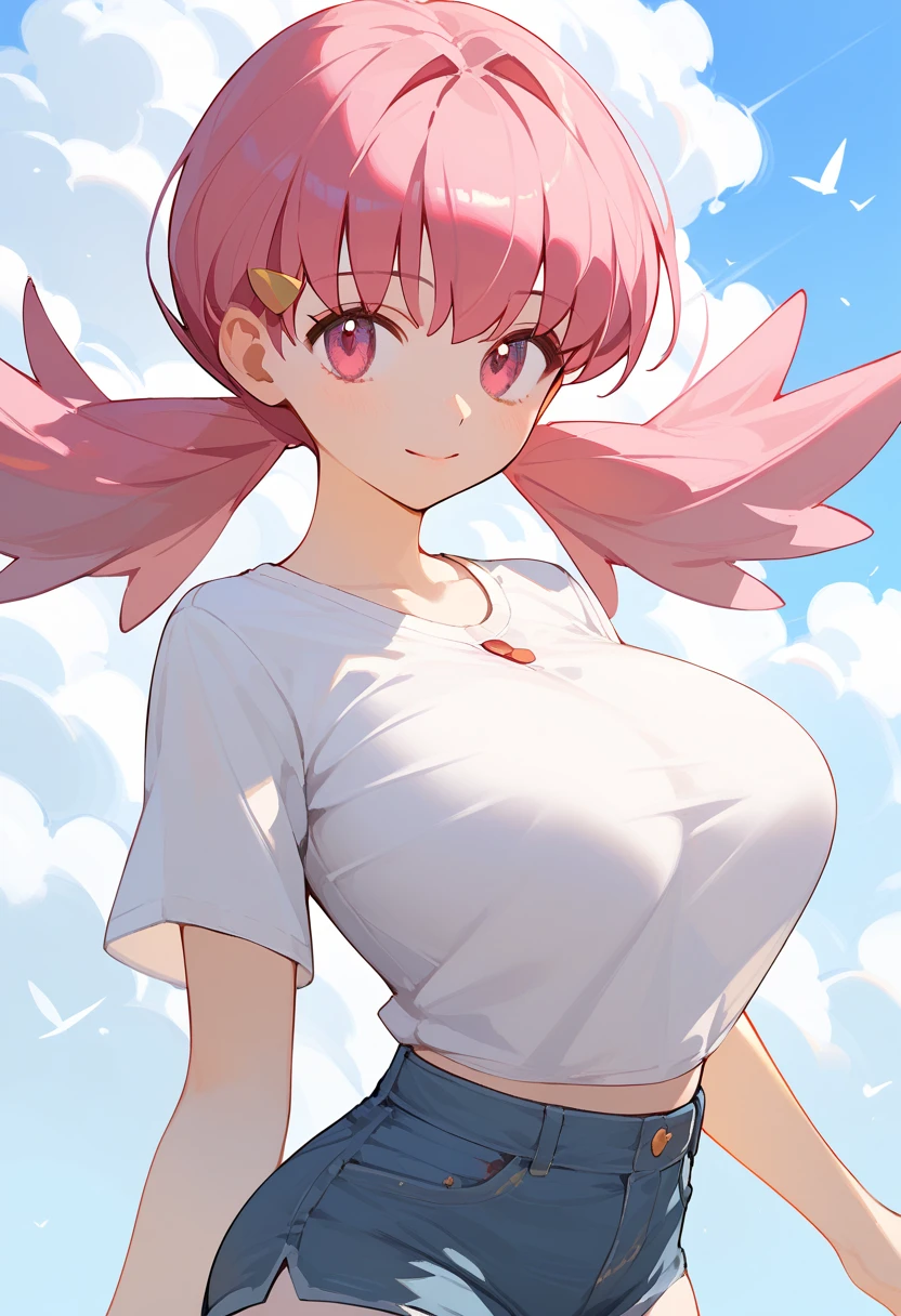 (8k,  top quality,   Masterpiece  :1.3), pose, 1 girl,  very beautiful face  , random expression ,ＪＫ_ style for stilets ,(Age 19),Big Breasts,zzWhitney, pink eyes, pink hair, pigtails, hair clip, white shirt, denim shorts,