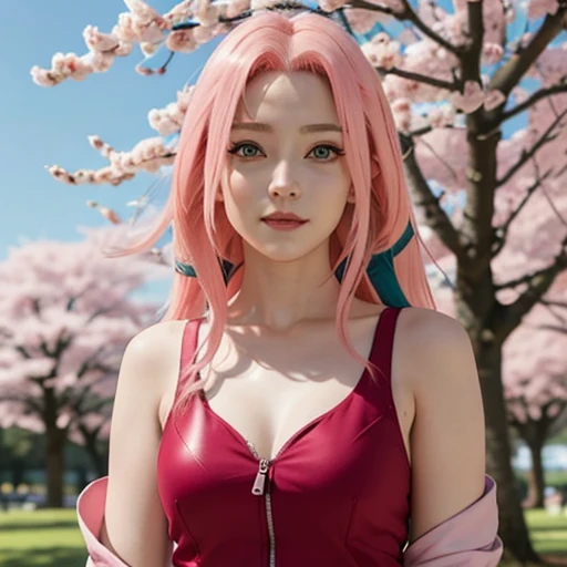 Sakura Haruno, wearing ninja costume in naruto shippuden saga, has shoulder-length pink hair, she has emerald eyes, a sharp nose, white skin, and a soft face, (best quality, highres:1.2), 1girl, beautiful detailed eyes, beautiful detailed lips, extremely detailed eyes and face, long eyelashes, HDR, studio lighting, sharp focus, physically-based rendering, extreme detail description, portraiting breasts, perfect shape, facing viewer, sweaty, gorgeous, appearing in full frame, good-looking, Beautiful fair skin and luster, Beautiful eyes are big and bright, Small mouth and thin lips, Goodness of style and slendernes), beautiful girl illuminated by seven colors of light, Irridescent coloe, showing off her figure, seductive and confident, enchanting aura, surrounded by cherry blossom trees, delicate and vibrant petals falling all around her, soft pink and white colors, sunlight filtering through the trees, creating a warm and dreamy atmosphere.