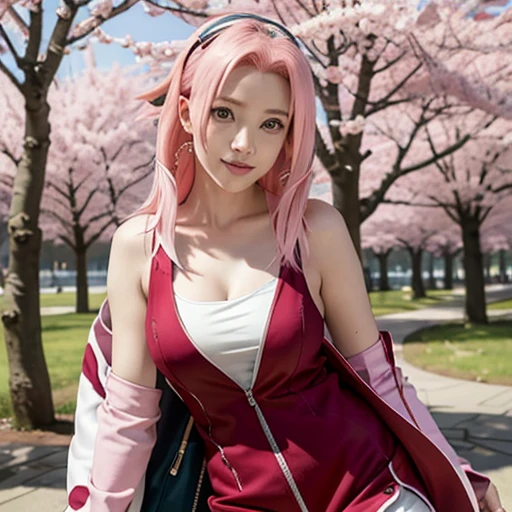 tmasterpiece, Best quality in the best, 1girll, Sakura Haruno,Erwachsene, big boobs,schulterfreie Kleidung,(Spaltung),(upper body close-up),Sexy erzogen,is shy,missmutig,mit rosa Haaren, lange rosa haare, (green eyes:1.4), Stirnschutz, The cherry trees,Flying cherry blossoms,Bikini-Outfit, clenched breasts,Breasts fall out,man kann ihre nippel sehen,nippel gucken raus,,sex