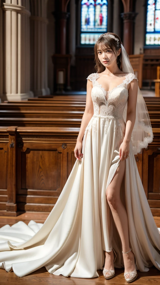 A beautiful young Japanese woman, 26 years old, with healthy thighs, beautiful legs, flawless skin, random hair color and style, large breasts, wearing a (wedding dress:1.3), (she is standing:1.2), full body shot, high heels, holding a bouquet in her hands, in a church setting, (best quality,8k, masterpiece:1.3), (extremely detailed:1.2), perfect anatomy, Manatsu Akimoto