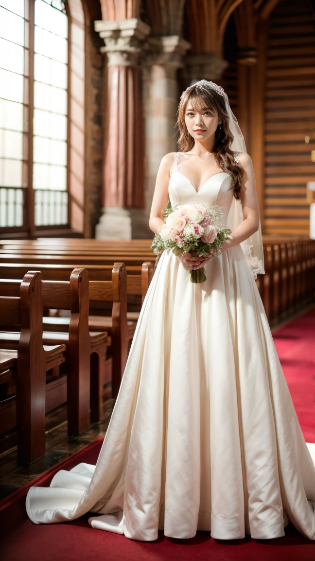 A beautiful young Japanese woman, 26 years old, with healthy thighs, beautiful legs, flawless skin, random hair color and style, large breasts, wearing a (wedding dress:1.3), (she is standing:1.2), full body shot, high heels, holding a bouquet in her hands, in a church setting, (best quality,8k, masterpiece:1.3), (extremely detailed:1.2), perfect anatomy, Manatsu Akimoto