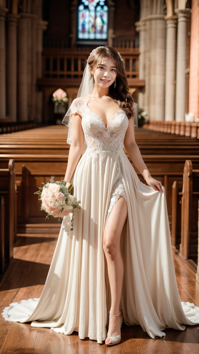 A beautiful young Japanese woman, 26 years old, with healthy thighs, beautiful legs, flawless skin, random hair color and style, large breasts, wearing a (wedding dress:1.3), (she is standing:1.2), full body shot, high heels, holding a bouquet in her hands, in a church setting, (best quality,8k, masterpiece:1.3), (extremely detailed:1.2), perfect anatomy, Manatsu Akimoto