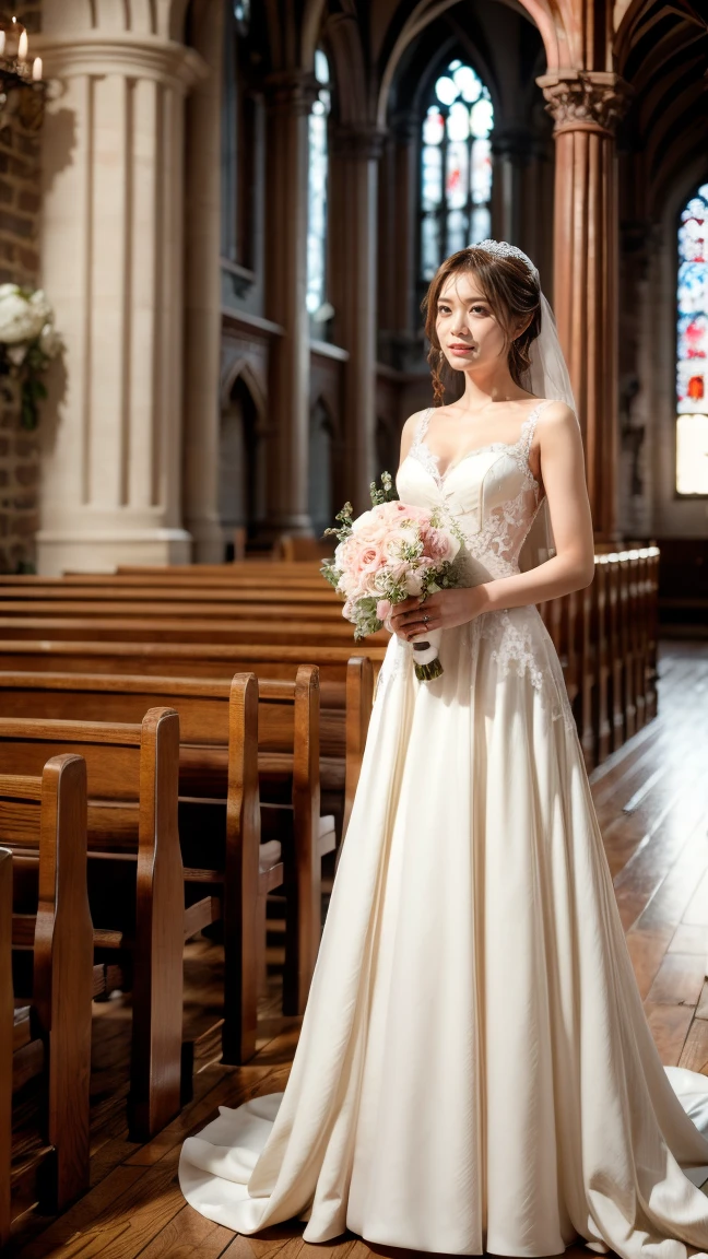 A beautiful young Japanese woman, 26 years old, with healthy thighs, beautiful legs, flawless skin, random hair color and style, large breasts, wearing a (wedding dress:1.3), (she is standing:1.2), full body shot, high heels, holding a bouquet in her hands, in a church setting, (best quality,8k, masterpiece:1.3), (extremely detailed:1.2), perfect anatomy, Manatsu Akimoto