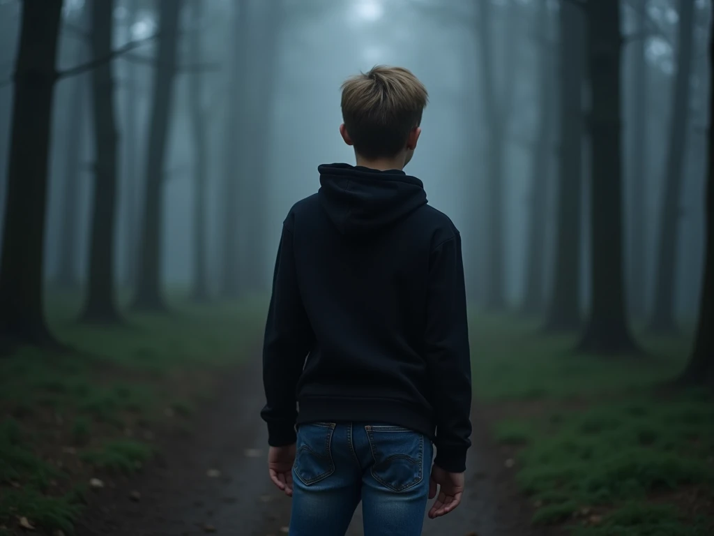Hello, I need to generate an image of an  boy walking backwards in dark clothing and a black background.