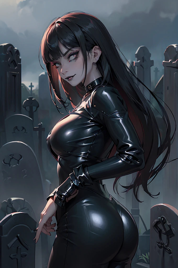 NSFW, 1Woman, ((best quality)), ((masterpiece)), (detailed), beautiful face, (defiance512:1.2), solo, (((jet black hair))), (((sexy black latex outfit))), (((ahego face))), (((long hair))), (((bangs hairstyle))), ((big eyes)), (((very dark green eyes))), bangs, (((naked boobs))), (((large ass))), nose piercing, eyebrow piercing, ear piercings, (((black lipstick))), basic necklace, (((dominant expression))), (((extremely dominant pose))), (((graveyard background))), (((tombstones))), ((graves))), (((whip))), (((gloomy weather))), (evil:1.2), looking at viewer, (interview:1.3), intense seductive gaze, contrasting soft skin, (lighting:1.2), ((best quality)), ((masterpiece)), (detailed), perfect face