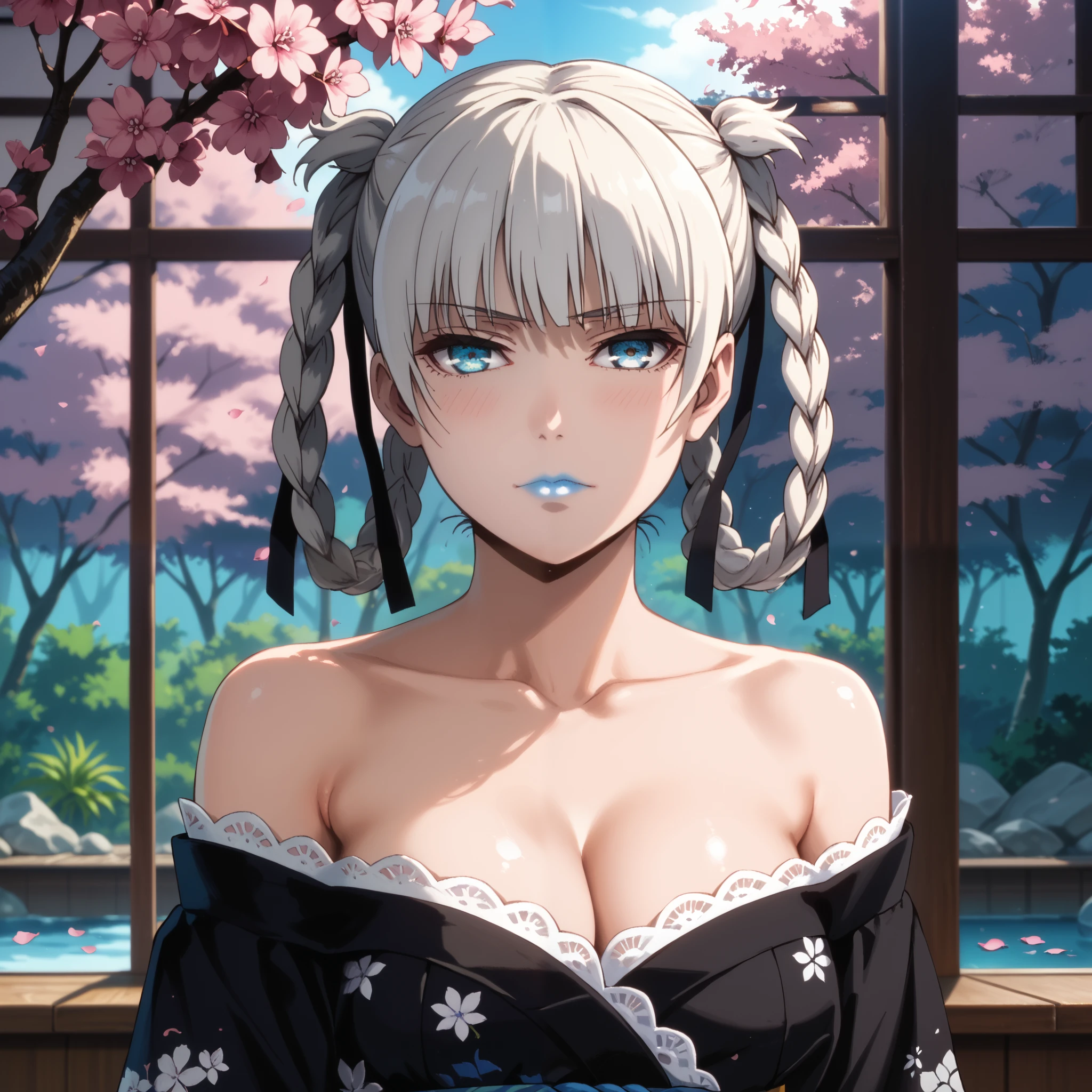 Score_9, score_8_up, score_7_up, score_6_up, source_anime, rating:general, 1girl, kirari momobami, white hair, braided hair, upper body, sultry look, pout, blush, pale white skin, strapless sexy kimono, black floral kimono, sexy lace trim, blue eyes, blue lipstick, colored contacts, doll face, medium sized breasts, cleavage, exposed shoulders, traditional Japanese garden, cherry blossoms, cherry blossom petals, solo, 8k quality, iphone wallpaper, vivid colors, perfect lighting, perfect shadowing, god rays, perfect positioning 