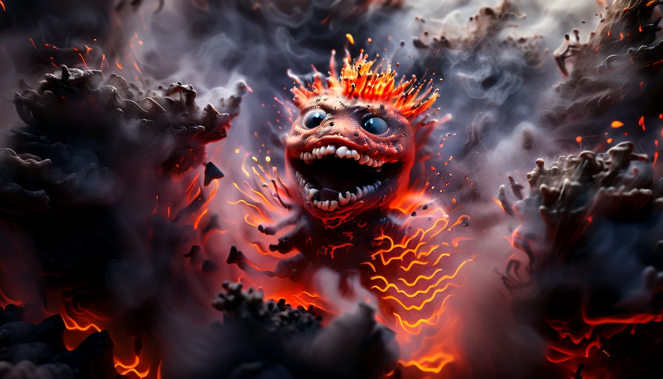 of a dark and smokey mountain with large strange cute friendly volcanic creatures made of lava with big eyes,mouth and round teeth appearing from the ground,in the style of Gaudi,macro lens,shallow depth of field,highly detailed,digital,trending,concept,cinematic lighting,vibrant colors,photorealism,epic,octane,ral-lava Engulfed DonMn1ghtm4reXL by diegocr