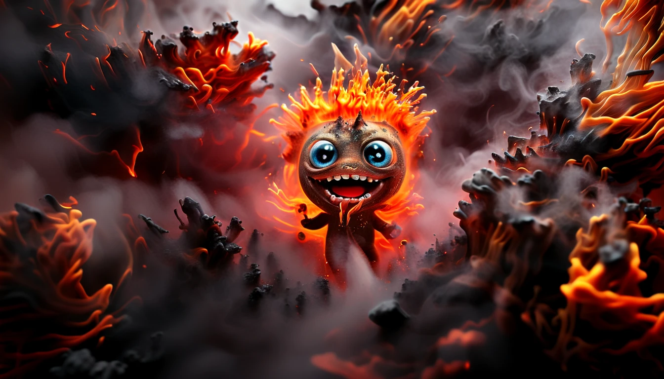 of a dark and smokey mountain with large strange cute friendly volcanic creatures made of lava with big eyes,mouth and round teeth appearing from the ground,in the style of Gaudi,macro lens,shallow depth of field,highly detailed,digital,trending,concept,cinematic lighting,vibrant colors,photorealism,epic,octane,ral-lava Engulfed DonMn1ghtm4reXL by diegocr