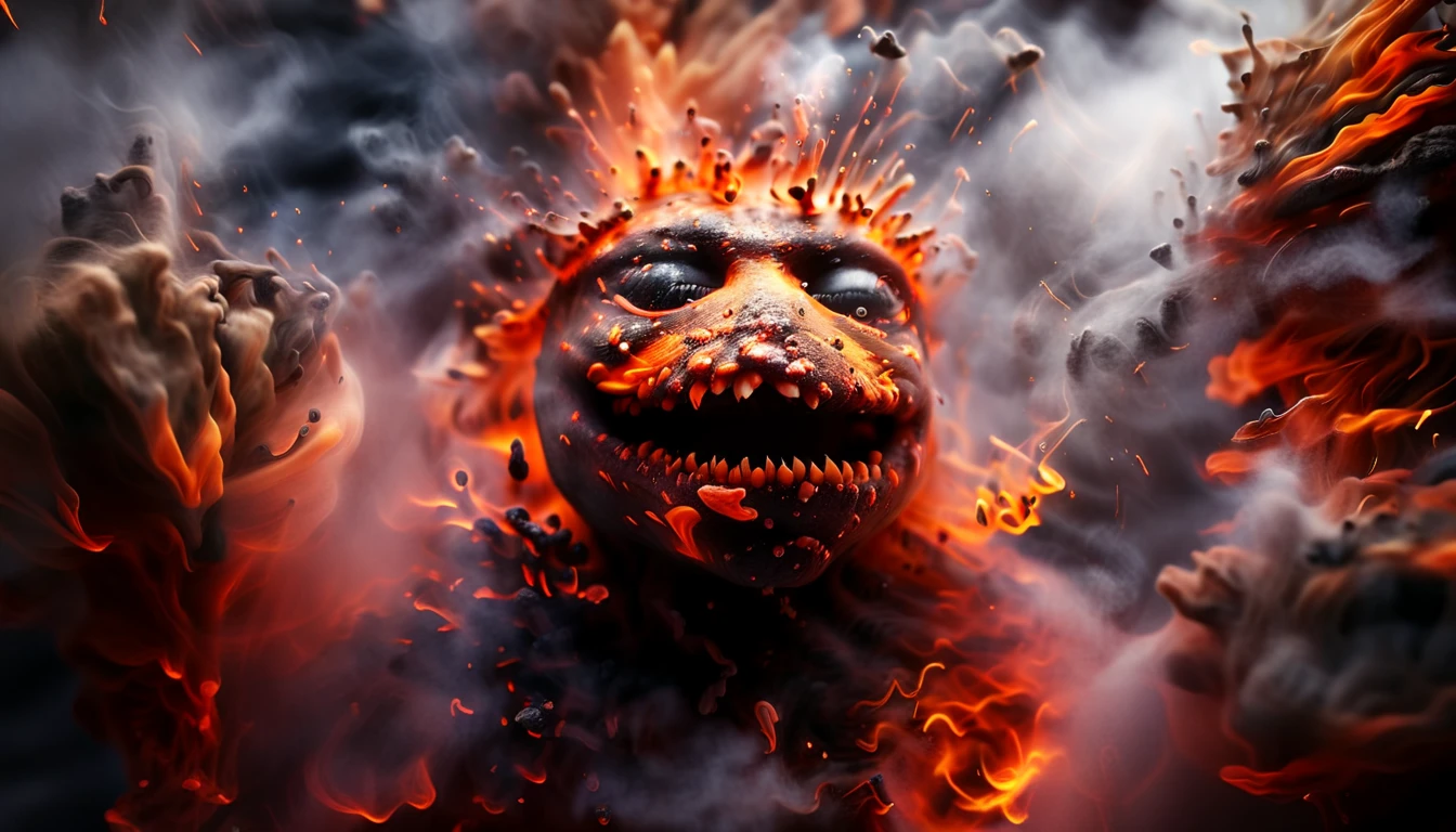 of a dark and smokey mountain with large strange cute friendly volcanic creatures made of lava with big eyes,mouth and round teeth appearing from the ground,in the style of Gaudi,macro lens,shallow depth of field,highly detailed,digital,trending,concept,cinematic lighting,vibrant colors,photorealism,epic,octane,ral-lava Engulfed DonMn1ghtm4reXL by diegocr