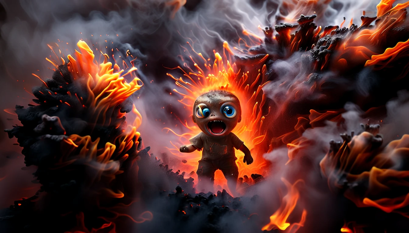 of a dark and smokey mountain with large strange cute friendly volcanic creatures made of lava with big eyes,mouth and round teeth appearing from the ground,in the style of Gaudi,macro lens,shallow depth of field,highly detailed,digital,trending,concept,cinematic lighting,vibrant colors,photorealism,epic,octane,ral-lava Engulfed DonMn1ghtm4reXL by diegocr