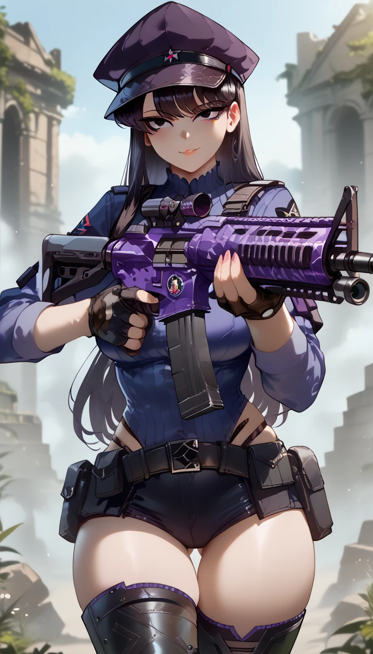 ultra-detailed, 1girl, komi_shouko, ((masterpiece)), (best quality), (highres), 16K, perfect face, purple eyes, long hair, black hair, bangs, hat, wearing tactical clothes, wearing black thong, black gloves, tactical belt, thigh boots, busty body, large breasts and a beautiful ass, showcasing cleavage, legs, hips, (holding assault rifle), looking at viewer, smile, detailed body, ruins background