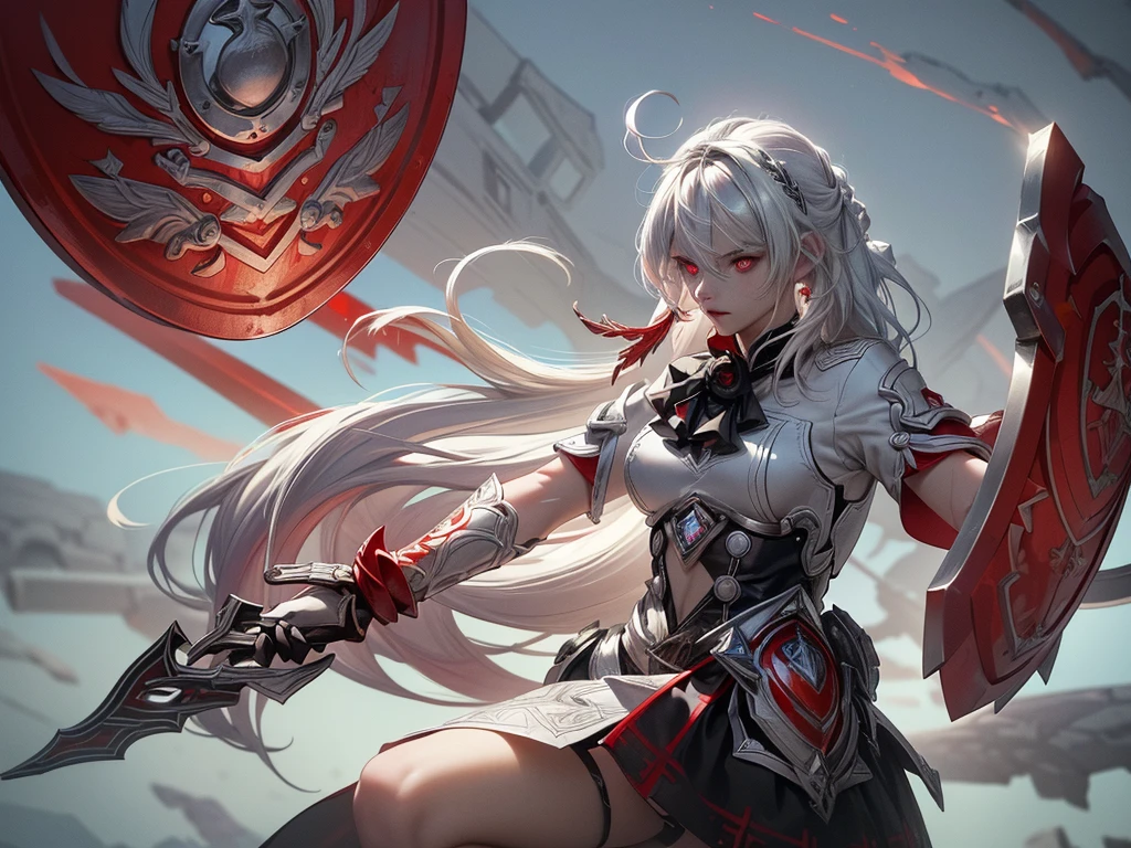 ((best quality)), ((masterpiece)), (detailed), perfect face, Albino warrior, ((long white hair, white skin, red eyes)), black magic sword, (Great sword engraved with red runes), crazy eyes, haggard cheeks, fantasy novel, 25 years old lady, ((Silver armor, gloves, and a shield with a pattern engraved on it))

