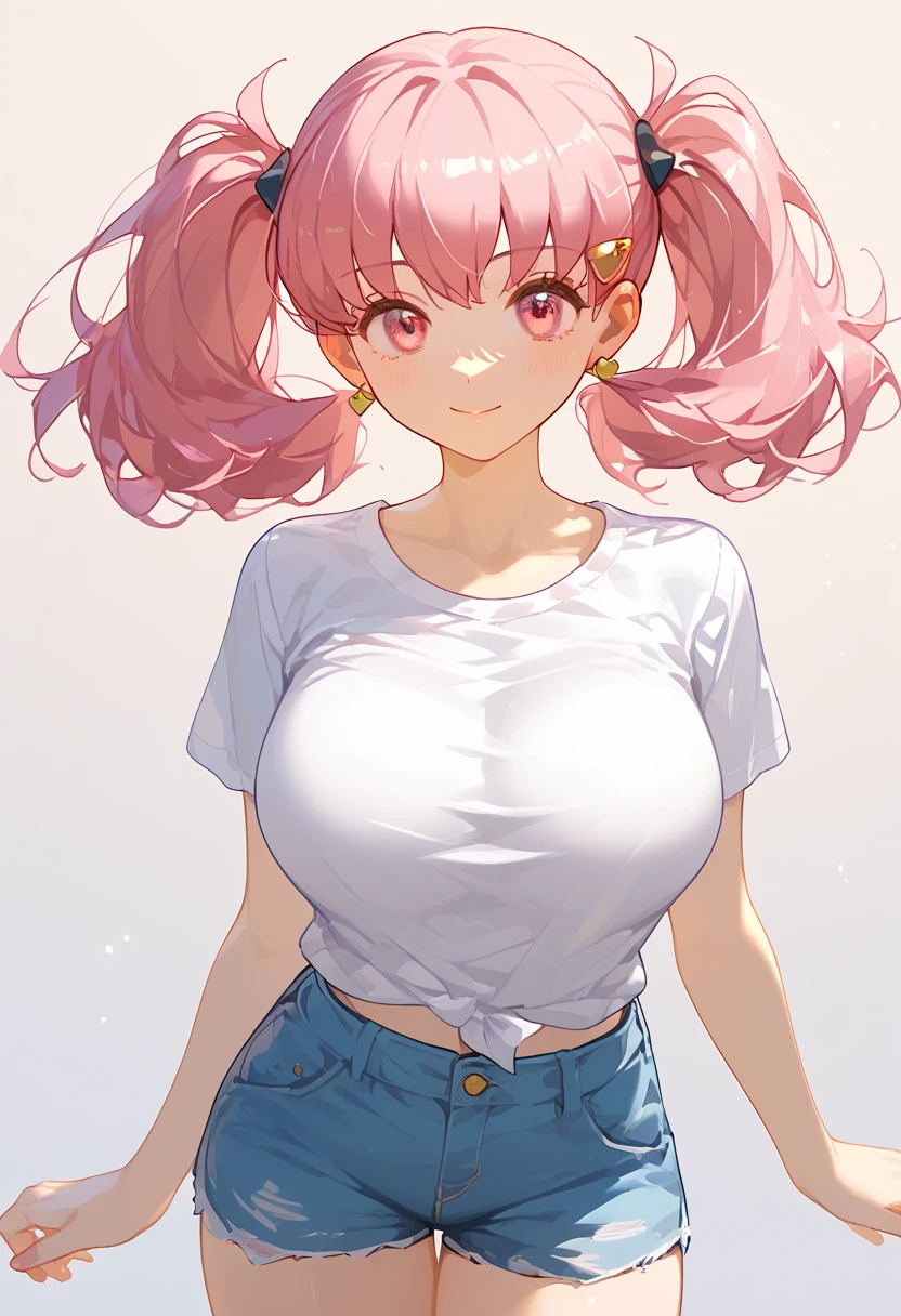 (8k,  top quality,   Masterpiece  :1.3), pose, 1 girl,  very beautiful face  , random expression ,ＪＫ_ style for stilets ,(Age 19),Big Breasts,zzWhitney, pink eyes, pink hair, pigtails, hair clip, white shirt, denim shorts,