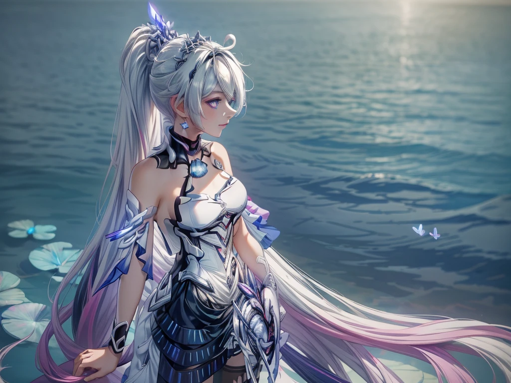 (masterpiece, best quality) detailed, 1girl,close, blue archive art style , wearing a oversized shirt,sleeveless, bare legs, silver accents , zip up , futuristic, shiny , Beautiful woman , pale skin ,crystal, Horns,  ponytail, pink eyes, aeyes ,elegant, regal , pure white hair , pointed ears , long eyelashes , colored eyelashes, colored eyelashes, blue hair, hair intakes, age 23, , pastel washed out colors , cell shade ,temple,water,glowing blue butterfly, absurdly long hair, 