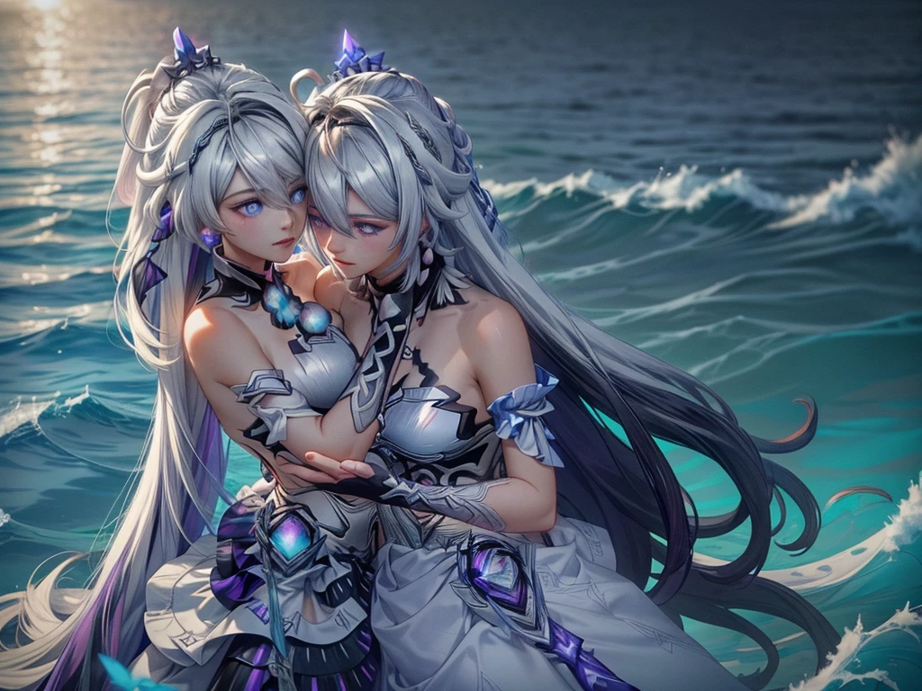 kiana kaslana (white comet), silver hair, very long hair, ponytail, ahoge, blue eyes, hairband, hair ornament,absurdly long hair,(masterpiece, best quality) detailed, 2girl,close,yuri, lovers ,temple,water,glowing blue butterfly,the shorekeeper (wuthering waves), blue dress,vail,purple eyes, colored eyelashes, blue hair, hair intakes,Kiana Kaslana,purple eyes, colored eyelashes, blue hair, hair intakes, medium hair 