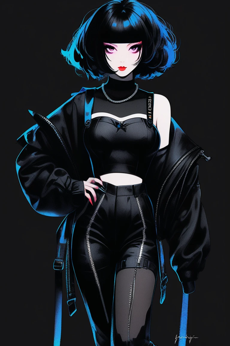 (best quality, sketch:1.2),realistic,illustrator,anime,1 girl, detailed lips, black cosplay demon,custom, (background dark monochrome),neon hair,textured cropping, masterpiece, style retro classic, noir dark, art, sketch book, (bob hair black:1.75 neon:1.32), dark monochrome background, full body, stocking suspenders, makeup