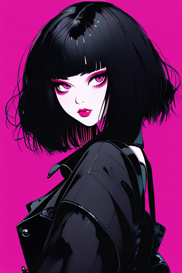 (best quality, sketch:1.2),realistic,illustrator,anime,1 girl, detailed lips, black cosplay demon,custom, (background dark monochrome),neon hair,textured cropping, masterpiece, style retro classic, noir dark, art, sketch book, (bob hair black:1.75 neon:1.32), dark monochrome background, full body, stocking suspenders, makeup