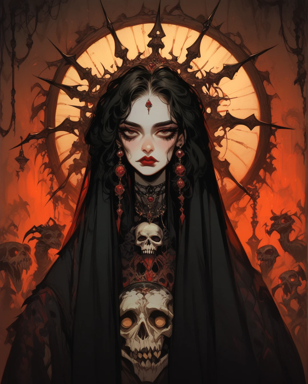  A full body ,  high-resolution anime-style of a melancholic woman (Detailed), thin face,He has a bird in his hands,  deep red lips , gothic fashion, candelabras, skulls.  With dramatic lighting and dynamic composition . Light-dark 