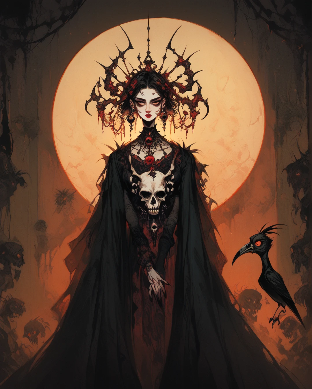  A full body ,  high-resolution anime-style of a melancholic woman (Detailed), thin face,He has a bird in his hands,  deep red lips , gothic fashion, candelabras, skulls.  With dramatic lighting and dynamic composition . Light-dark 