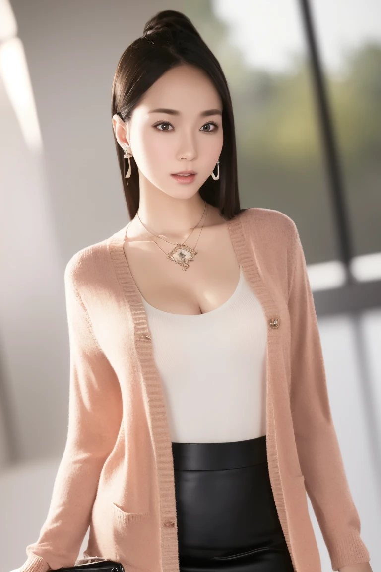 smiling minchen, aburdes, (mouth:1.16) closed, balanced eyes, (Best quality details:1.2),realistic,8K High definition,Ultra Detailed,High quality texture,intricate details,detailed texture, finely detailed, high detail, extremely detailed high quality texture cg, high quality shadow, detailed beautiful and delicate face, fine beautiful and delicate eyes, depth of field, ray tracing, (a beautiful 25 year old cute Japanese lady:1), big breasts, tall feminine, beautiful legs, glowing eyes, blush, perfect body petite, skinny, blurred indoor background, yellow elegant skirt, red scarf, cardigan coat, White stockings: 1.1, [brown_skirt]: 1, stocking straps: 1.2, short hair, cozy living room, sunshine, standing, earrings, necklace, model, looking at the audience, dynamic pose, earrings, necklace, model, looking at the audience, from the side, dynamic pose, front, full body