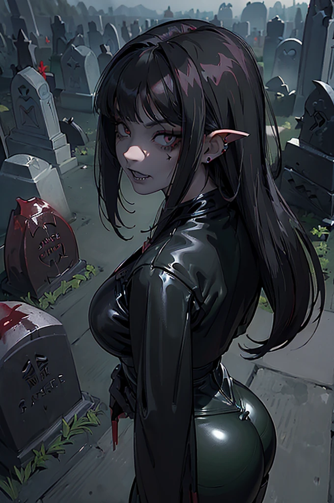 NSFW, 1Woman, ((best quality)), ((masterpiece)), (detailed), beautiful face, (defiance512:1.2), solo, (((jet black hair))), (((sexy black latex outfit))), (((ahego face))), (((long hair))), (((bangs hairstyle))), ((big eyes)), (((very dark green eyes))), bangs, (((naked boobs))), (((large ass))), nose piercing, eyebrow piercing, ear piercings, (((black lipstick))), basic necklace, (((vampire teeth))), ((blood dripping from teeth))), (((dominant expression))), (((extremely dominant pose))), (((graveyard background))), (((tombstones))), ((graves))), (((whip))), (((gloomy weather))), (evil:1.2), looking at viewer, (interview:1.3), intense seductive gaze, contrasting soft skin, (lighting:1.2), ((best quality)), ((masterpiece)), (detailed), perfect face