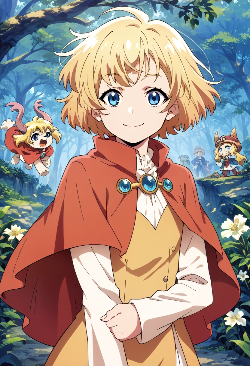 1 girl,  Blonde hair ,  Short Hair , Blue eyes, , Capelet, camisa blanca, vestiDo naranja,  long sleeves, ,   flat chest ,  session, , smile, Locos del Apocalypse theme