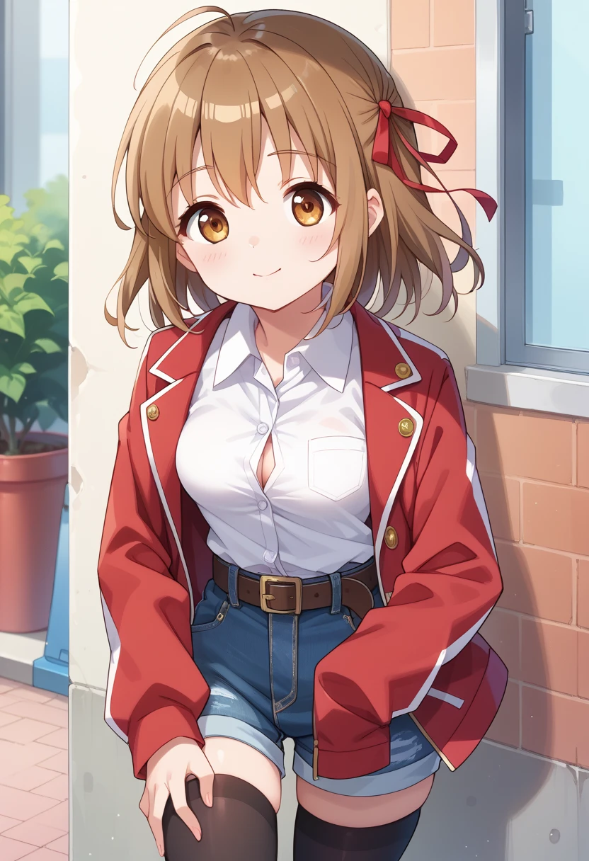 1girl,ボクシングのパンチをするポーズ,amane ai, red jacket,wing collar,open jacket,red ribbon,white shirt,collared shirt,long sleeves,button,medium breasts,belt,denim shorts,zettai ryouiki,black thighhighs,high heel boots