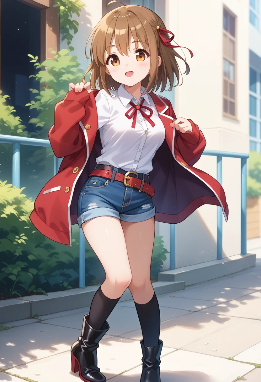 1girl,ボクシングのパンチをするポーズ,amane ai, red jacket,wing collar,open jacket,red ribbon,white shirt,collared shirt,long sleeves,button,medium breasts,belt,denim shorts,zettai ryouiki,black thighhighs,high heel boots