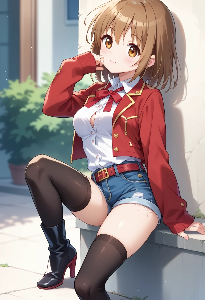 1girl,ボクシングのパンチをするポーズ,amane ai, red jacket,wing collar,open jacket,red ribbon,white shirt,collared shirt,long sleeves,button,medium breasts,belt,denim shorts,zettai ryouiki,black thighhighs,high heel boots