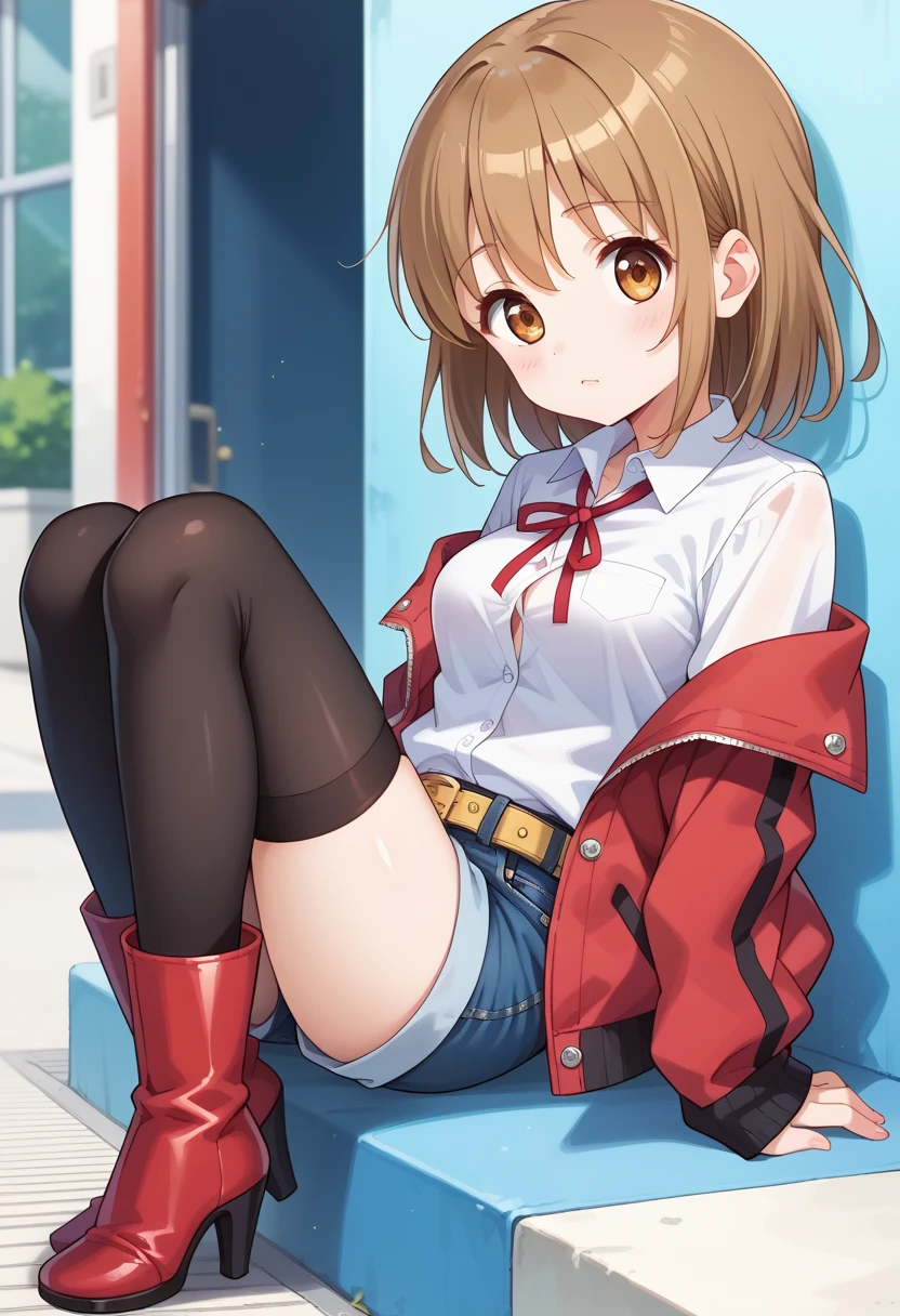 1girl,ボクシングのパンチをするポーズ,amane ai, red jacket,wing collar,open jacket,red ribbon,white shirt,collared shirt,long sleeves,button,medium breasts,belt,denim shorts,zettai ryouiki,black thighhighs,high heel boots