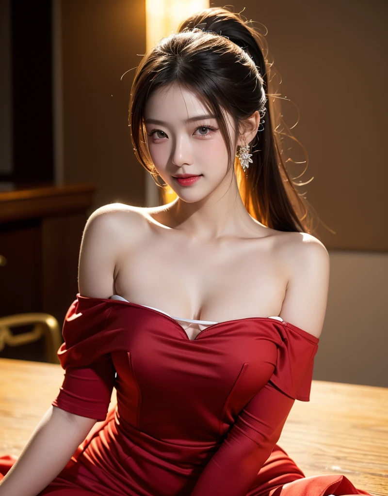 Beautyful asian girl, 20years old, Light makeup, red lip, Simple background, sweet smile, (masterpiece:1.3), (High resolution:1.2), very delicate and beautiful, wonderful, Highly detailed CG Unity 8K wallpaper, Super detailed, High resolution, soft light, cinematic lighting, perfect anatomy, Very Long Hair, High Ponytail, jewelly nacklage, (table top:1.4, highest quality), (realistic pictures:1.4), ((1 girl)), (Pure actress), big roung Breasts, High Quality, (wearing off-shoulder very short sexy dress : 1.3)