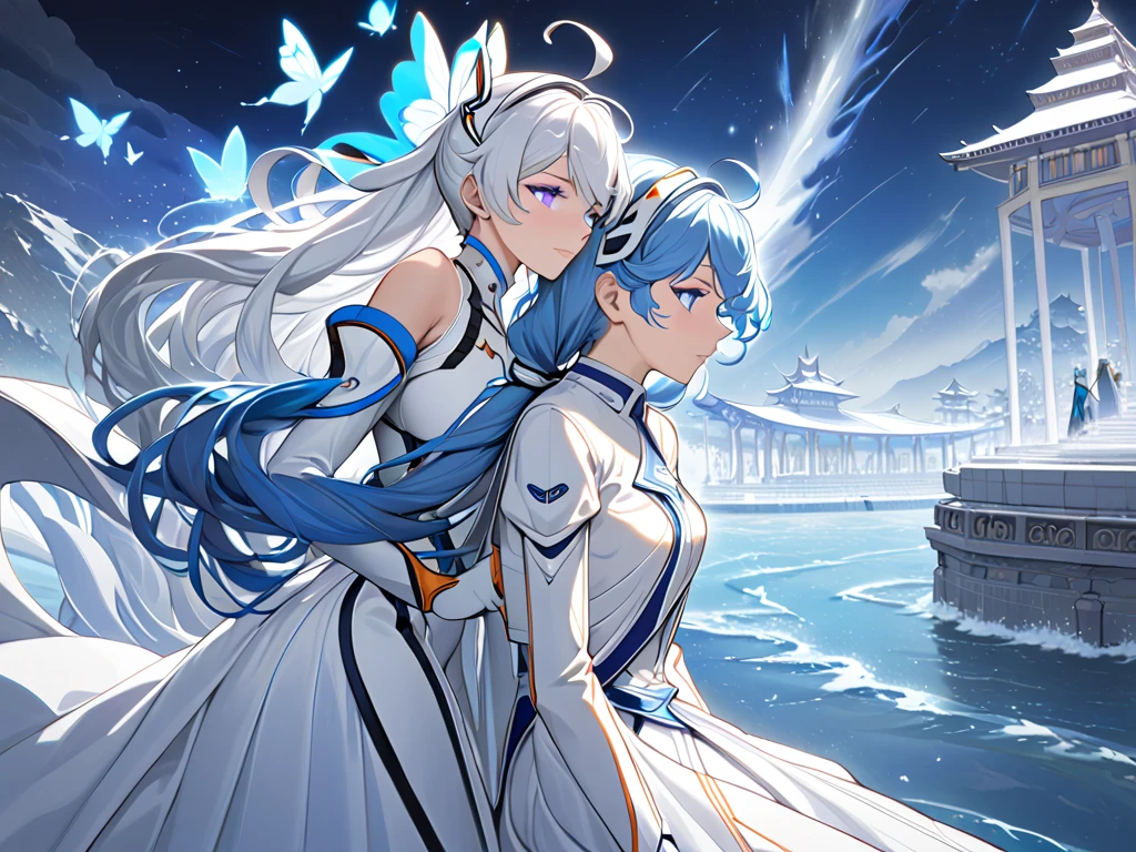 kiana kaslana (white comet), silver hair, very long hair, ponytail, ahoge, blue eyes, hairband, hair ornament,absurdly long hair,(masterpiece, best quality) detailed, 2girl,close,yuri, lovers ,temple,water,glowing blue butterfly,the shorekeeper (wuthering waves), blue dress,vail,purple eyes, colored eyelashes, blue hair, hair intakes,Kiana Kaslana,purple eyes, colored eyelashes, blue hair, hair intakes, medium hair 