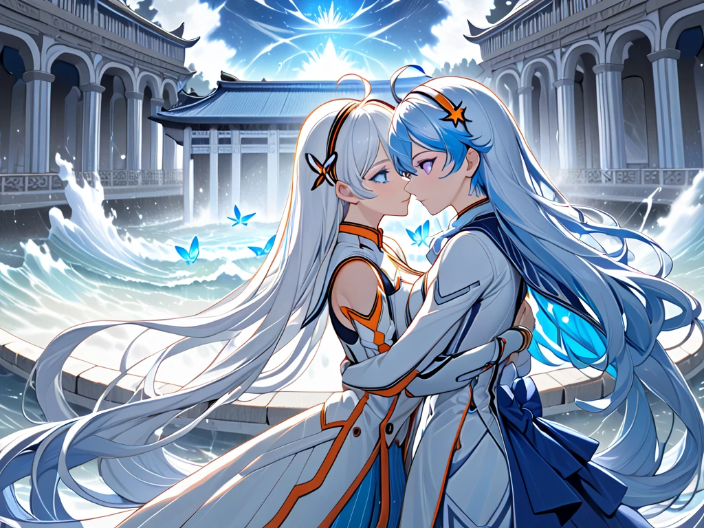 kiana kaslana (white comet), silver hair, very long hair, ponytail, ahoge, blue eyes, hairband, hair ornament,absurdly long hair,(masterpiece, best quality) detailed, 2girl,close,yuri, lovers ,temple,water,glowing blue butterfly,the shorekeeper (wuthering waves), blue dress,vail,purple eyes, colored eyelashes, blue hair, hair intakes,Kiana Kaslana,purple eyes, colored eyelashes, blue hair, hair intakes, medium hair 