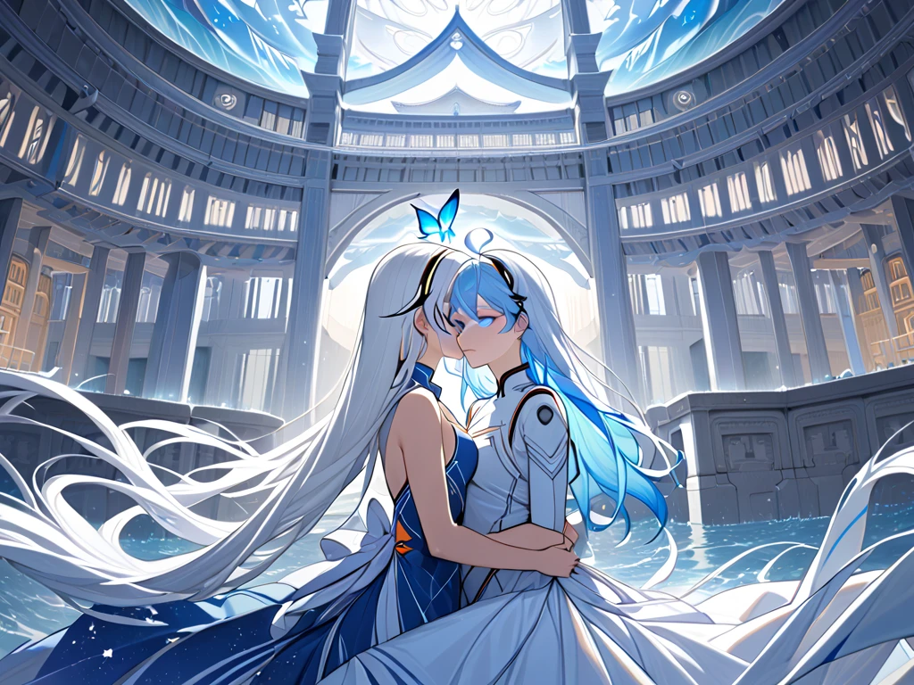 kiana kaslana (white comet), silver hair, very long hair, ponytail, ahoge, blue eyes, hairband, hair ornament,absurdly long hair,(masterpiece, best quality) detailed, 2girl,close,yuri, lovers ,temple,water,glowing blue butterfly,the shorekeeper (wuthering waves), blue dress,vail,purple eyes, colored eyelashes, blue hair, hair intakes,Kiana Kaslana,purple eyes, colored eyelashes, blue hair, hair intakes, medium hair 