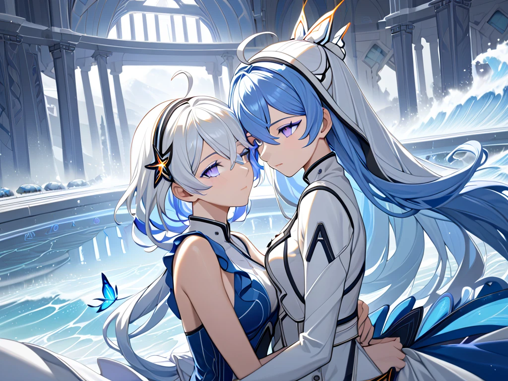 kiana kaslana (white comet), silver hair, very long hair, ponytail, ahoge, blue eyes, hairband, hair ornament,absurdly long hair,(masterpiece, best quality) detailed, 2girl,close,yuri, lovers ,temple,water,glowing blue butterfly,the shorekeeper (wuthering waves), blue dress,vail,purple eyes, colored eyelashes, blue hair, hair intakes,Kiana Kaslana,purple eyes, colored eyelashes, blue hair, hair intakes, medium hair 