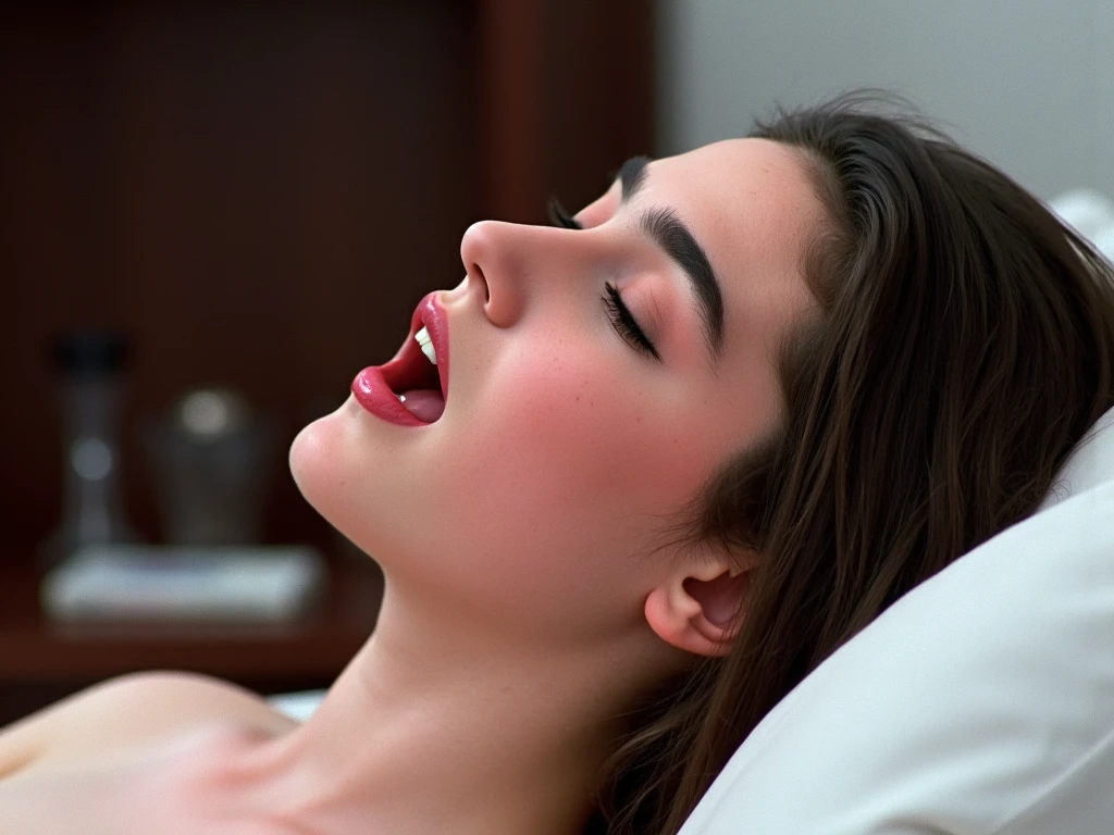 The image is a high-resolution photograph featuring a teenage girl Jennifer Connelly with youthfully succulent fair skin and long straight dark hair, emphasizing her striking natural beauty. , A vibrant close-up of Jennifer Connelly, a beautiful profile from the side, She might be naked, She lays on her back on the bed, natural light filtering through., with youthful, fresh, sweaty, fair skin, plump cheeks, clean, subtle makeup, gracefully arched nose, eyes closed, mouth open as if in ecstasy, which makes her face the focal point, The overall mood is serene and inviting, with the busty beautiful teenage girl Jennifer Connelly, closing her eyes and open her mouth as if in ecstasy., she shows a modest hint of pink lipstick., The overall mood of the photograph is of striking clarity yet sensual., modest brown eyebrows. She has a fair unblemished skin tone. Her large, modest brown hair that falls just past her shoulders, emphasizing the cuteness and youthfulness of her appearance., she is in a hotel room, subtle tensed atmosphere as like about to making love with someone, The overall tone of the image is somewhat sensual, and natural lips with glossy color, high resolution, accurate, many awards, high definition model, high quality, retina, textured skin, ultra high resolution, highly detailed, quality, high detail, detailed, best quality, masterpiece, 