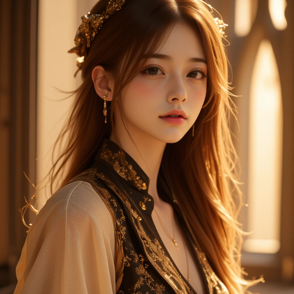 Subject: A young asian woman with an ethereal and regal presence, glowing under warm, golden light.
Hair: Dark, wavy hair cascading loosely around her shoulders, accentuated by golden hair accessories that shimmer with the light. The strands are styled to evoke an elegant yet natural flow.
Expression: Calm and poised, her gaze is direct yet soft, exuding confidence and mystique.
Outfit: A layered robe featuring a combination of light ivory and deep black fabrics. The outer layer has intricate golden embroidery, emphasizing a celestial and luxurious aesthetic.
Accessories: Fine, golden earrings with delicate designs that match her hair ornaments. A thin, golden chain necklace adds a touch of understated elegance.
Background: A softly lit environment with arched windows, evoking a cathedral-like or enchanted setting. The interplay of light and shadow creates a dreamy, almost magical ambiance.
Lighting: Warm, golden rays illuminate her silhouette, creating a halo-like effect. The soft glow emphasizes the textures of her outfit and the gentle blush on her cheeks.
Lighting: Natural, diffused light highlighting her soft features and the intricate details of the cardigan, adding depth to the overall scene.





